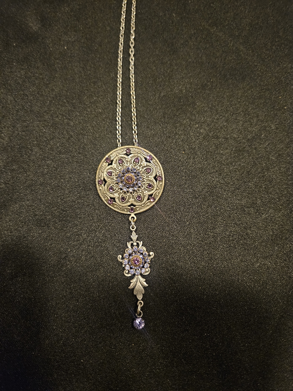 Vintage Purple Crystal Pendant/Brooch Necklace - Women Jewelry